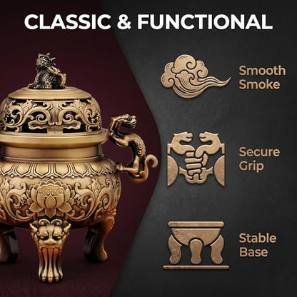 Solid Brass Chinese Incense Burner, Antique Censer, 670g, 2.76in Opening | Feng shui incense burner, Fu Lion Foo Dog lid, altar, home shrine, meditation corner, office desk, brings harmony and peace