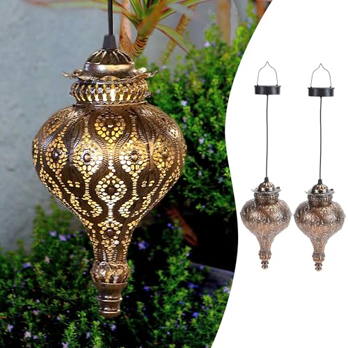 Solar Moroccan Lantern Outdoor Hanging Garden Decor (2 Pack, Bronze) - color: Bronze, 2 Pack