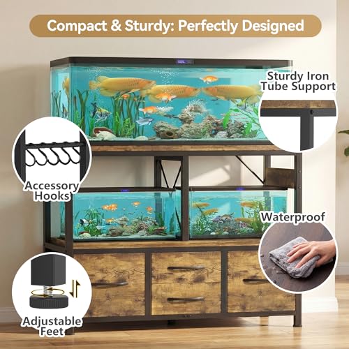 Heybly 30-40 Gallon Fish Tank Stand, Aquarium Stand with Drawer, Power Outlet, Heavy Duty Metal Frame, for Fish Tank, Turtle & Reptile Terrarium, 36.2" L × 18.1" Top, 660lbs (Top)+330lbs(Mid), Rustic Brown HAS004SR - color: Rustic Brown, size: 40 gal