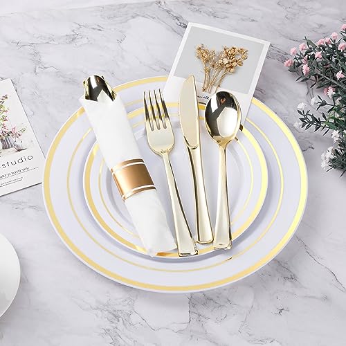 BESTVIP 350PCS Gold Plastic Dinnerware Set, Disposable Party Plates for 50 Guests, Include: 100 Plastic Plates, 50 Pre Rolled Napkins with Gold Silverware, 50 Cups - color: Gold, size: 50 Guests