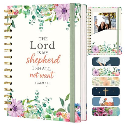 Hardcover Blank Christian Notebook – 140 Pages – Psalm 23:1 | Lined Pages with Bible Verse Cover – Inspirational Writing Spiral Notebook for Bible Study, "Lord is my Shepherd" - color: Shepherd