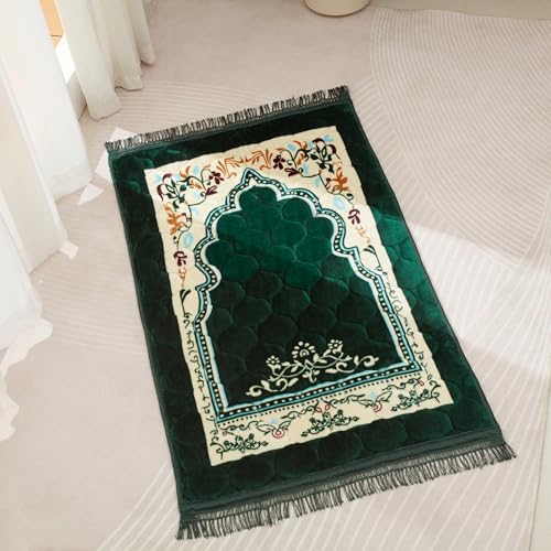 Muslim Prayer Rug with Tasbih Prayer Beads, Soft Large Prayer Matt Islam, Padded Islamic Prayer Mat Thick for Men and Women, Janamaz, Sajadah (31.5" x 47.2", Green) - color: Green