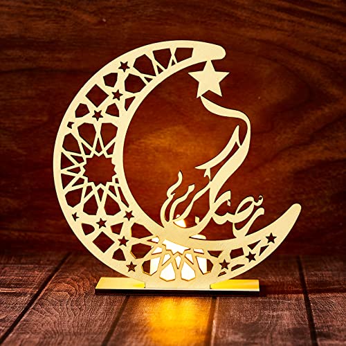 Honoson Eid Crafts Night Light Ramadan Mubarak Light 3D Wooden Moon Shape Decoration, Ramadan Mubarak Lamp Eid Ornaments for Muslims, Islamic Table Decor, 5.8 x 5.5 Inch(Star) - style: Star