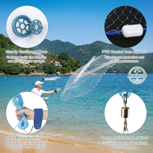 Cast Net 3ft-8ft Radius American Monofilament Fishing Net 3/8 Mesh Fish Throw Net for Bait Trap, Casting Net with Heavy Duty Sinker, Professional Grade Saltwater Bait Fish - size: 8ft Radius