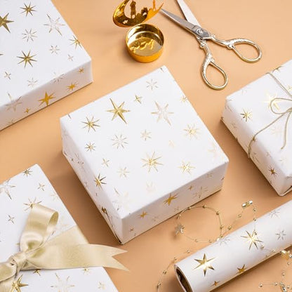 RUSPEPA Eid Wrapping Paper Roll, Mini Roll, White and Gold 3D Embossed Foil Star Design, White Kraft Gift Wrap Paper for Ramadan, Birthday, Wedding, Baby Shower, Holiday, 17 Inches x 16.4 Feet - color: White Gold Foil Star, size: 17 in x 16.4 ft