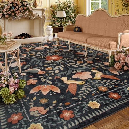 Moynesa Area Rugs 9x12 Black Folk Art Home Decor, Modern Transitional Aesthetic Floral Bird Medallion Carpet for for Living Room Bedroom Dining Room,Non-Slip Washable Floor Protection - color: Black, size: 9' x 12' (Rectangular)