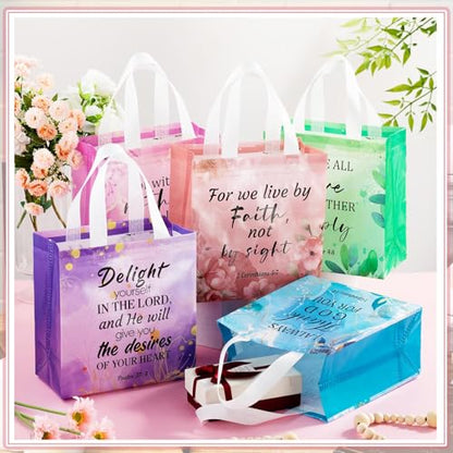 HunnmingRe Christian Gift Bags Bulk, Reusable Flower Religious Bible Verse Tote with Handles Non Woven Scripture Pastor Blessing Gift for Baptism Church Wedding Favors(32 Pcs,Flower) - style: Flower