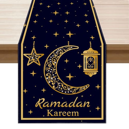 XCHI Black Golden Moon Stars Lantern Ramadan Kareem Table Runner Table Decoration for Party Home Kitchen Dining Holiday Decor 13x72 Inch
