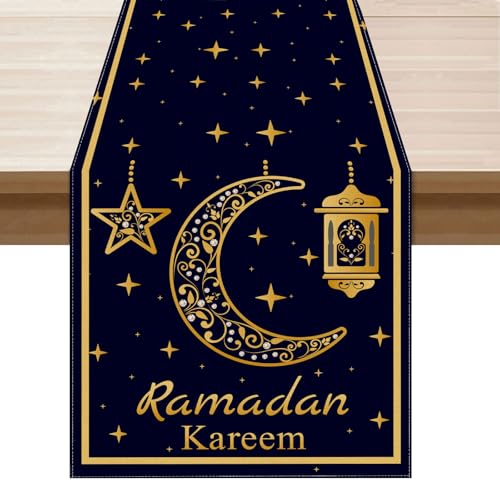XCHI Black Golden Moon Stars Lantern Ramadan Kareem Table Runner Table Decoration for Party Home Kitchen Dining Holiday Decor 13x72 Inch