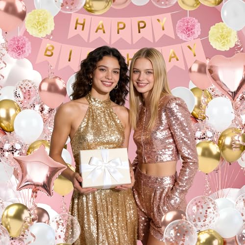 Rose Gold Happy Birthday Party Decorations, Happy Birthday Banner, Rose Gold Heart Star Foil Confetti Balloons and Pink Balloons Party Decorations Kit for Girls Women Princess - style: Rose Gold