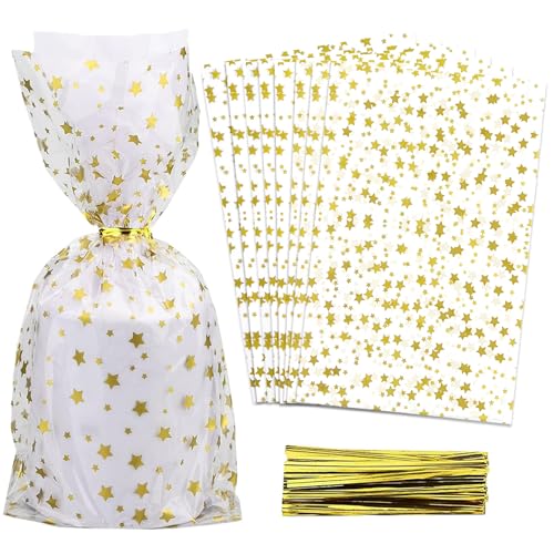 100 Pcs Star Printed 5"X 11" Gift Wrap Cello Cellophane Treat Bags Party Favor bags Clear Candy Cookie Bags Plastic Poly Goodie Storage Bags with Twist Ties for Bakery,Birthday, Wedding ,Party Decorations (Gold) - color: Gold, size: 5x11 in