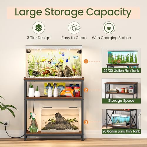 Snughome 29 Gallon Aquarium Stand with Charging Station, Heavy Duty Fish Tank Stand with Storage Cabinet, Metal Aquarium Stand Fits 20 Long, 29 & 30 Gallon Tanks, 350 LBS Capacity, Rustic Brown - color: Brown With Outlet, size: 29 Gallon