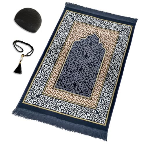 Velvet Islamic Prayer Rug Set (Thick Prayer Mat - 99 Tasbih Prayer Beads - Black Cotton Kufi Hat) Eid and Ramadan Gift for Muslims (Blue) - color: Blue