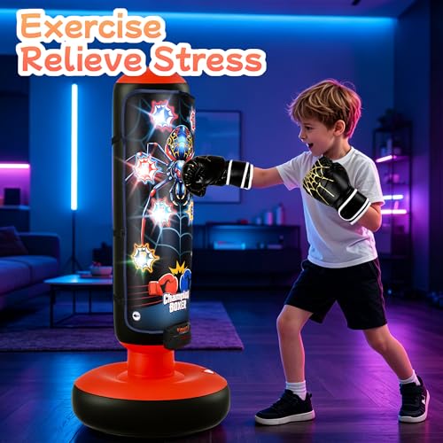 Electronic Boxing Bag Set, Interactive Punching Toy with Gloves, LED Lights, Music & 4 Game Modes, Auto Scoring Boxing Kit for Boys Girls Ages 3-12, Thick PVC Freestanding Punching Bag