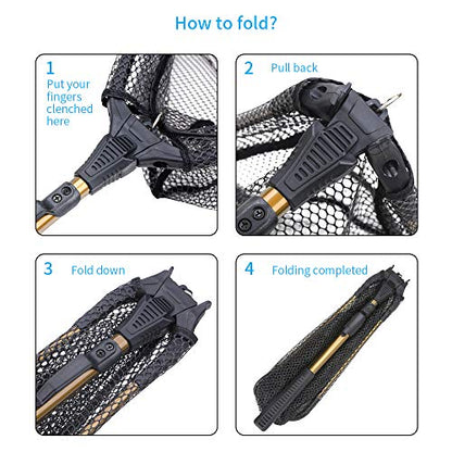 YVLEEN Folding Fishing Net - Foldable Fish Landing Net Robust Aluminum Telescopic Pole Handle and Nylon Mesh 16inch Hoop Size - color: C:16”/40cm Hoop Size (Telescopic Handle) Gold