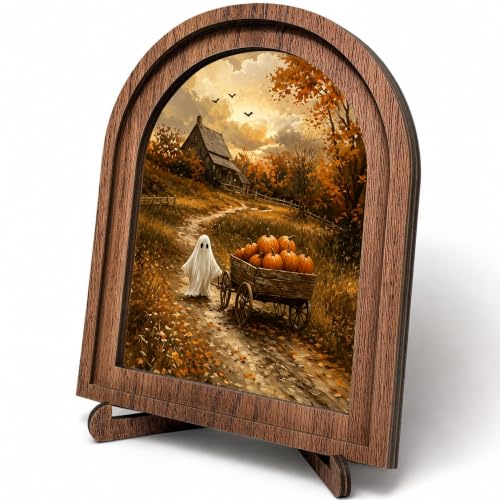 Halloween Ghost Pumpkin Cart Arched Table Sign, Rustic Fall Decor - color: Ghost Pumpkin Cart