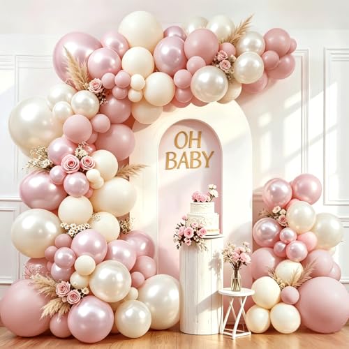 Boho Dusty Pink Balloons Garland Arch Kit, Double Stuffed White Pearl Balloon Blush Neutral Pink Latex Balloons for Birthday Bridal Shower Party Decorations - color: Dusty Pink Pearl White