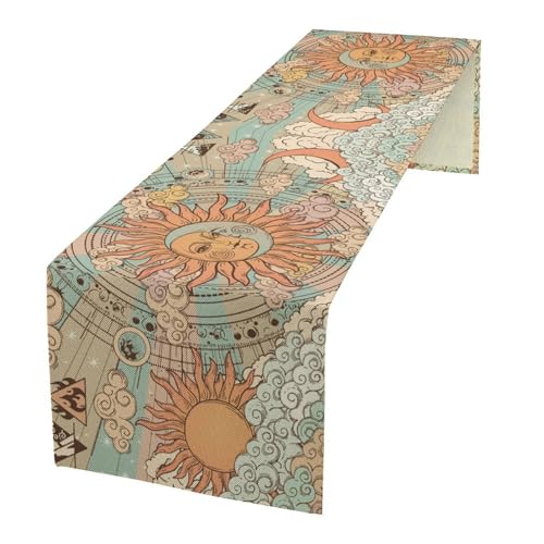 Sun Moon Table Runner, Boho Celestial Gothic Witchy Hippie Mandala Sun Stars Print Kitchen Dinning Table Runners for Indoor Outdoor Home Wedding Party Holiday Decor, 13x36 Inch - color: Sun Moon-8, size: 13"W x 36"L