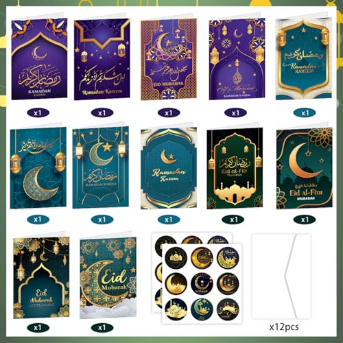 Qpout 12 Pack Eid Mubarak Greeting Cards with Envelopes & Stickers Perfect for Ramadan Decorations and Muslim Celebrations