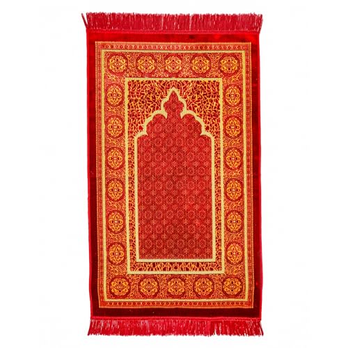 Muslim Prayer Rug, Soft Plush Thin Islamic Prayer Mat, Janamaz, Sajada, Praying Carpet, Islamic Gift for Men & Women, Islamic Mat, Bordeaux, Eid & Ramadan Gift with Prayer Beads, 26x43 inch - color: Bordeaux-pilgrim