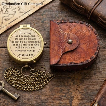 Compass – Brass Directional Vintage Compass Engraved with “Be Strong and Courageous” Joshua 1:9 Bible Verse, Baptism 2026 Communion Christian Inspirational Gifts for Women/Men - style: Be Strong- Leather Case