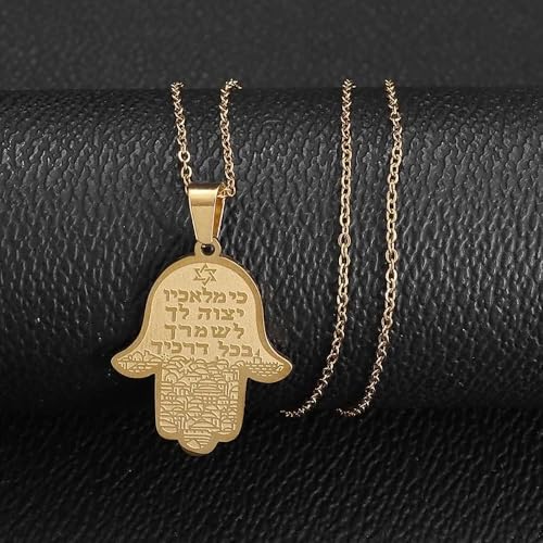 Jewish Hamsa Hand Hebrew Text Pendant Chain Necklace for Women | Hamsa hand engraved with hebrew text & star of david, symbolizes protection, ideal birthday holiday gift jewelry for women - color: golden