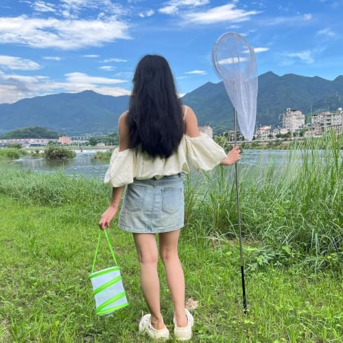 FishNetButterfly Net Insect Habitat Cage with FoldingBucketandTelescopic Handle forOutdoorCapturing of SmallFishShrimpButterflies - color: green