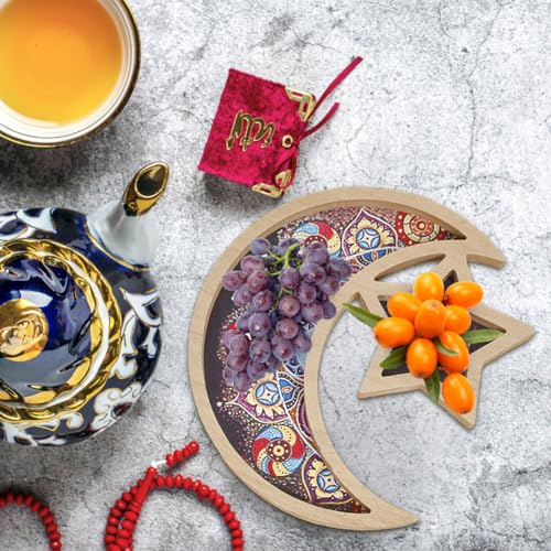 Wooden Eid Mubarak Dessert Tray, Star and Moon Tray Ramadan Serving Tray, Ramadan Decorations for Table Islam Muslim Party Festival Party