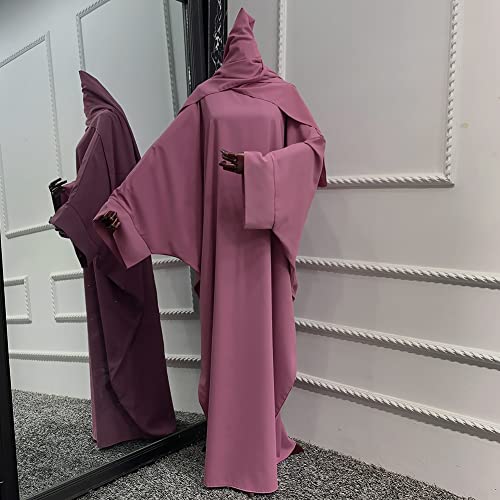 Muslim Dress for Women Pakistani Kaftan Abaya Robe + Hijab Arabic Islamic Prayer Clothes Dubai Outfits - color: Dark Pink Set