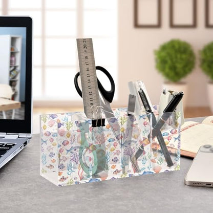 Aquarium Fish Cute Acrylic Pen Holder 4 Compartments Pencil Organizer and Storage Makeup Brush Holder for Home Bedroom School Office Storage