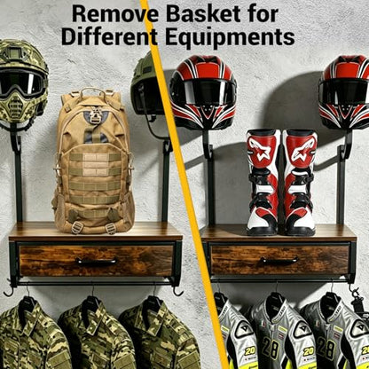 Motorcycle Helmet Holder Wall Mounted with 4 Hanging Hooks, Drawer & Mesh Basket, All-in-On Easy Access Gear Storage Organizer for Helmets Shape Protection, Motorcycle Accessories, Black