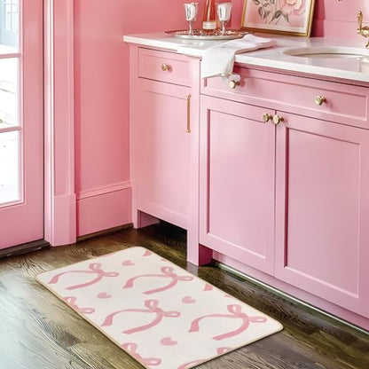 Cute Coquette Pink Bow Welcome Mat for Girls Bedroom Bathroom Decor | Heart Bow Home Decor, Pink Bathroom Floor Mat, Gifts for Pink Lovers, Non-Slip Indoor Entryway Mat, 29.5 x 15.7 Inch