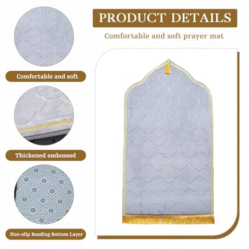 Muslim Prayer Rug with Tasbih Prayer Beads, Extra Thick Padded Non-Slip Islamic Prayer Matt,Turkish Praying Carpet Ottoman Blankets Ramadan Gift for Ramadan, Eid, Hajj, Travel, Pray (Grey) - color: Grey