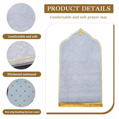 Muslim Prayer Rug with Tasbih Prayer Beads, Extra Thick Padded Non-Slip Islamic Prayer Matt,Turkish Praying Carpet Ottoman Blankets Ramadan Gift for Ramadan, Eid, Hajj, Travel, Pray (Grey) - color: Grey