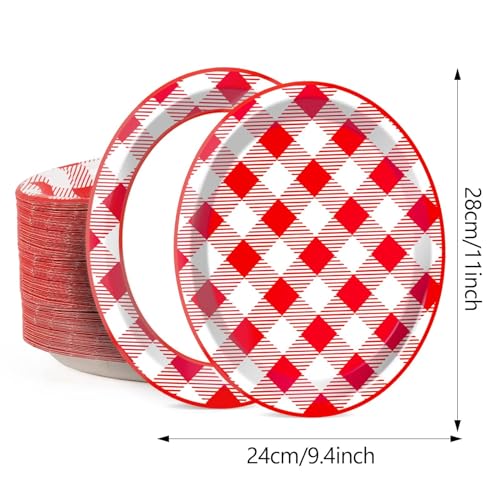 50피스 체크 타원형 종이 접시 대형 27.9cm(11인치) 일회용 레드 & 화이트 체크 무늬 플래터 BBQ 파티 장식 여름 바베큐 용품 모임 피크닉 카니발 생일 파티 식기 세트 - style: 확인됨