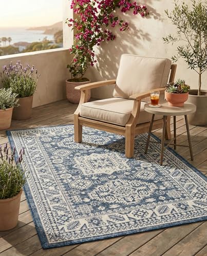 Rugs.com - Outdoor Aztec Rug – 3' 1 x 5' 3 Blue Indoor/Outdoor Rug – Flatweave Stain-Resistant Area Rug for Patios, Decks, and Porches - color: Blue, size: 3' x 5' (Rectangular)
