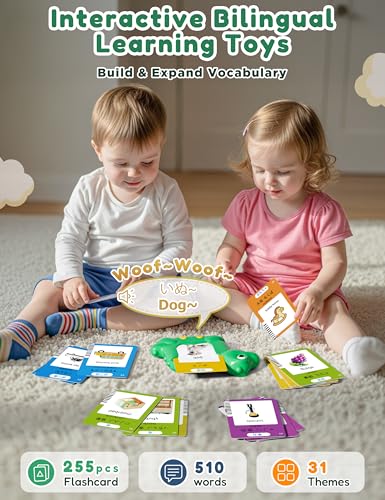 Japanese and English Talking Flash Cards for Kids, 510 Sight Words Bilingual Learning Toys for Toddlers, Japanese Alphabet Flashcards Pocket Speech Therapy Toys, Dinosaur Shaped - size: 510-Japanese&English