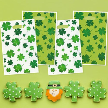 40pcs St. Patrick's Day Four-leaf Clover Gift Bags with Die Cut Handle, Green and White Double-side Color Print Lucky Cellophane Plastic Candy Cookie Treat Goodies Bag Saint Patricks Day Party Favor