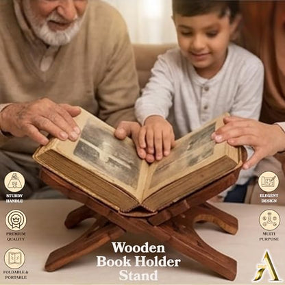 AnNafi® Wooden Book Holder Stand | Rehel/Rehal For Quran Geeta Bible | Indian Book Holders For Reading Hands Free For Desk Carved Antique | Holy Book Stand Prayer/Pooja Wood Islam Decor Handmade Gifts