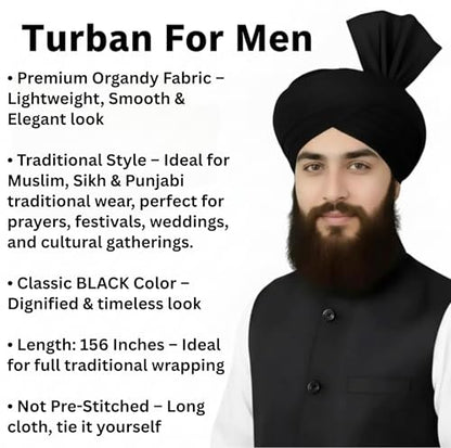 Turban For Men (156 Inches) Long Cloth – Muslim, Sikh, Punjabi Headwrap | For Prayer, Festivals & Special Occasions - color: Black