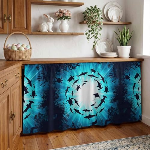 BEMIGO Blue Coastal Cabinet Curtain 28" Wx51 L, Dustproof Storage Cabinet Curtain with Self Adhesive Tape, Nautical Fish Turtle Coral Tall Pantry Cover Drape for Kitchen, Laundry Room, Utility Closet - size: 28"W x 51"L (Pack of 1)
