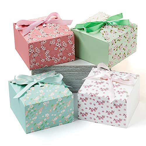 Small Floral Gift Boxes with Lids & Ribbons (20 Pack) 5.8” x 3.7” Empty Decorative Bakery Treat Boxes for Gift Giving, Cookies, Mithai Indian Sweets, Candy, Diwali, Party Favors, Bulk, Square, Return - color: Colored Floral