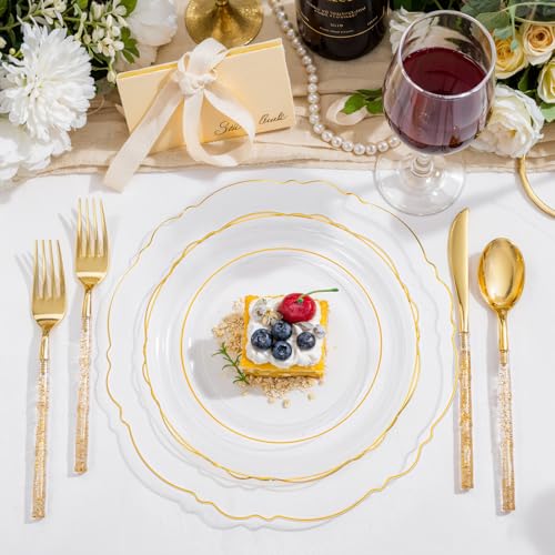 Liacere 150PCS Clear Gold Plastic Plates - Disposable Plastic Silverware with Glitter Bamboo Handle Cutlery-Baroque Clear Gold Disposable Plates for Wedding & Party & Mother's Day - color: Gold, size: Baroque Style