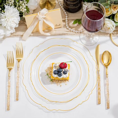 Liacere 150PCS Clear Gold Plastic Plates - Disposable Plastic Silverware with Glitter Bamboo Handle Cutlery-Baroque Clear Gold Disposable Plates for Wedding & Party & Mother's Day - color: Gold, size: Baroque Style