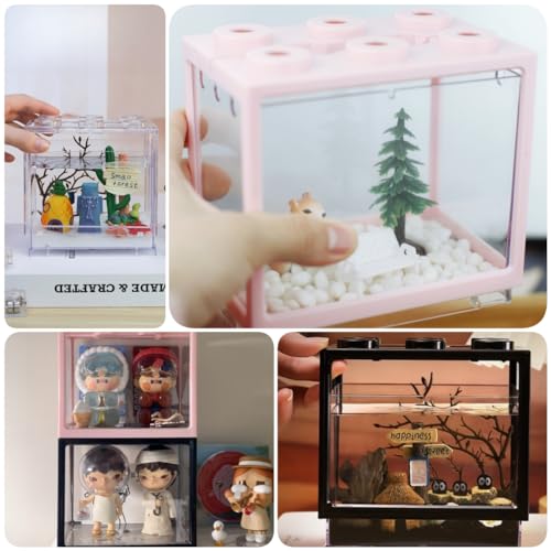 Small Sea Monkey Tank, Stackable Mini Betta Fish Tank Tinny Aquarium Kit with Aquarium Gravel, Moss Ball Tank Shrimp Tank 0.27 Gallon Acrylic Cube Fish Bowl for Shrimp Snails - color: Pink