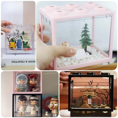 Small Sea Monkey Tank, Stackable Mini Betta Fish Tank Tinny Aquarium Kit with Aquarium Gravel, Moss Ball Tank Shrimp Tank 0.27 Gallon Acrylic Cube Fish Bowl for Shrimp Snails - color: Pink