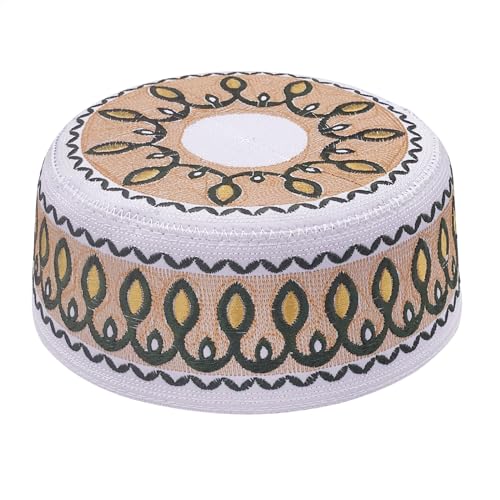 RUIXIA Men Boys Muslim Prayer Kufi Hat Skull Cap Embroidery Islam Kufi Headware takke Praying Beanie Hat Kofia Topi Hat - color: Yellow/White--kids 7-10yrs