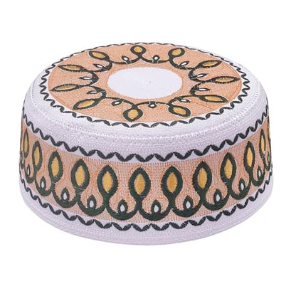 RUIXIA Men Boys Muslim Prayer Kufi Hat Skull Cap Embroidery Islam Kufi Headware takke Praying Beanie Hat Kofia Topi Hat - color: Yellow/White--kids 7-10yrs