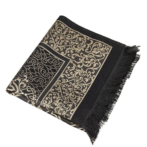 Modefa Luxury Islamic Thin Travel Prayer Mat in Satin Gift Bag - Deluxe 4 Piece Travel Set with Dua Book & Prayer Beads Tesbih - Thin Chenille Turkish Praying Carpet - Eid Gift Set (Black) - color: Black