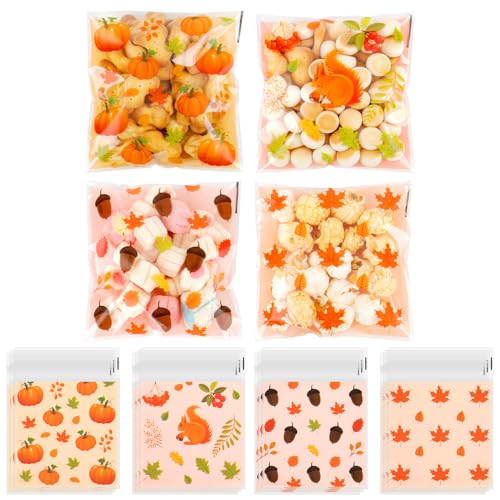 100 PCS Fall Cellophane Treat Bags(4x4 Inch) Small Thanksgiving Ziplock Bags for Candy Snack Goodie Cookie Gifts Wrap Autumn Self Sealing Pouch Baggies Friendgiving Party Favors Supplies Decorations - color: 100 fall bags